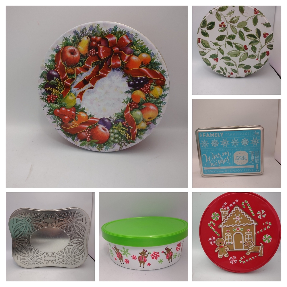 Christmas Tins Multicolor Holiday Containers For Cookies Candy Snacks Lot Of 6